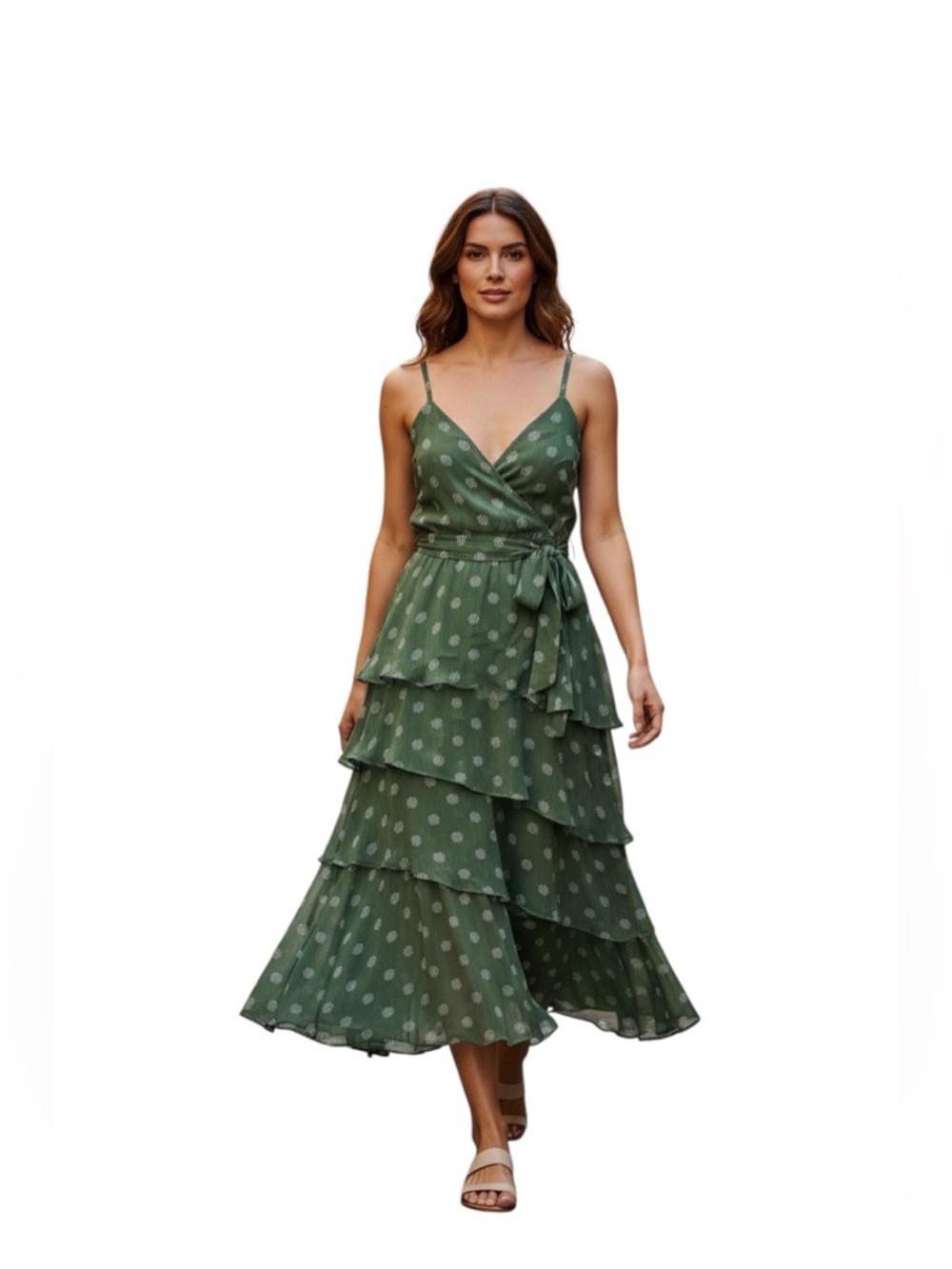 LC Lauren Conrad Tiered Georgette Midi Dress Green Dot Stripe size small